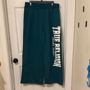 Brand new never worn wide leg True Religion Teal Joggers with White Logo